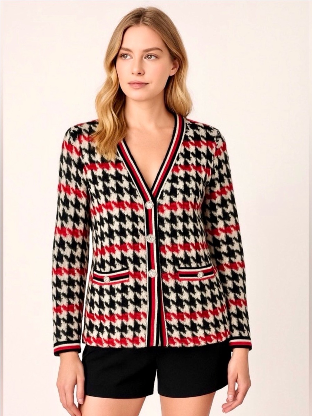 Twins Italy Houndstooth Button-Front Blazer Jacket in Black, Red & Cream